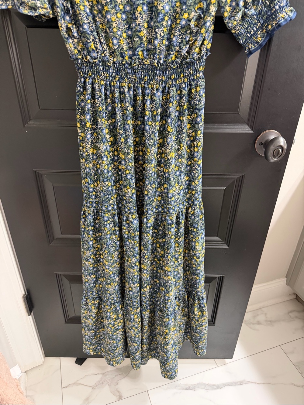 Max Studio Floral Smocked Midi Maxi Dress XS Blue Yellow Puff Sleeve - Picture 9 of 12